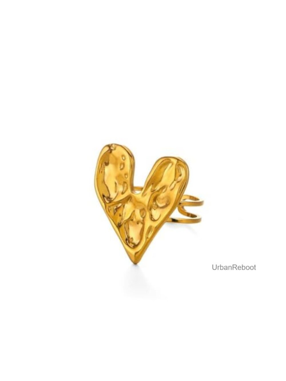 Hammered Heart Open Ring Adjustable Gold Plated Stainless Steel Statement